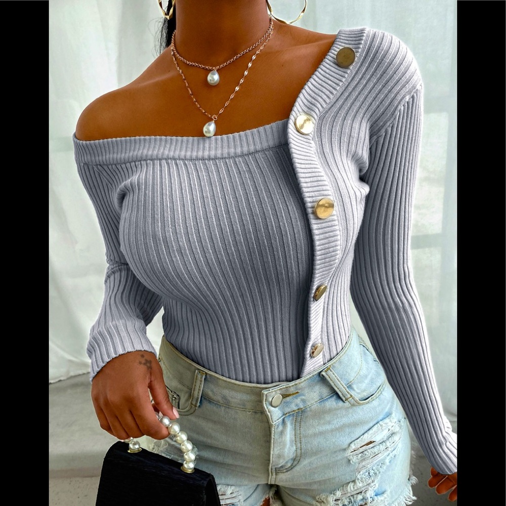 Grey Deep V Neck Buttons Up Design Off Shoulders Rib Knit Sweater